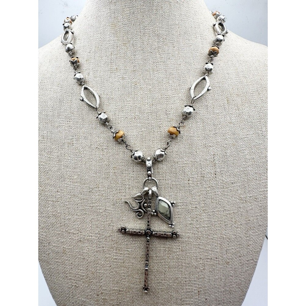Lucky Brand Cross Rosary Link Chain Toggle Necklace Religious 18" Silver Tone